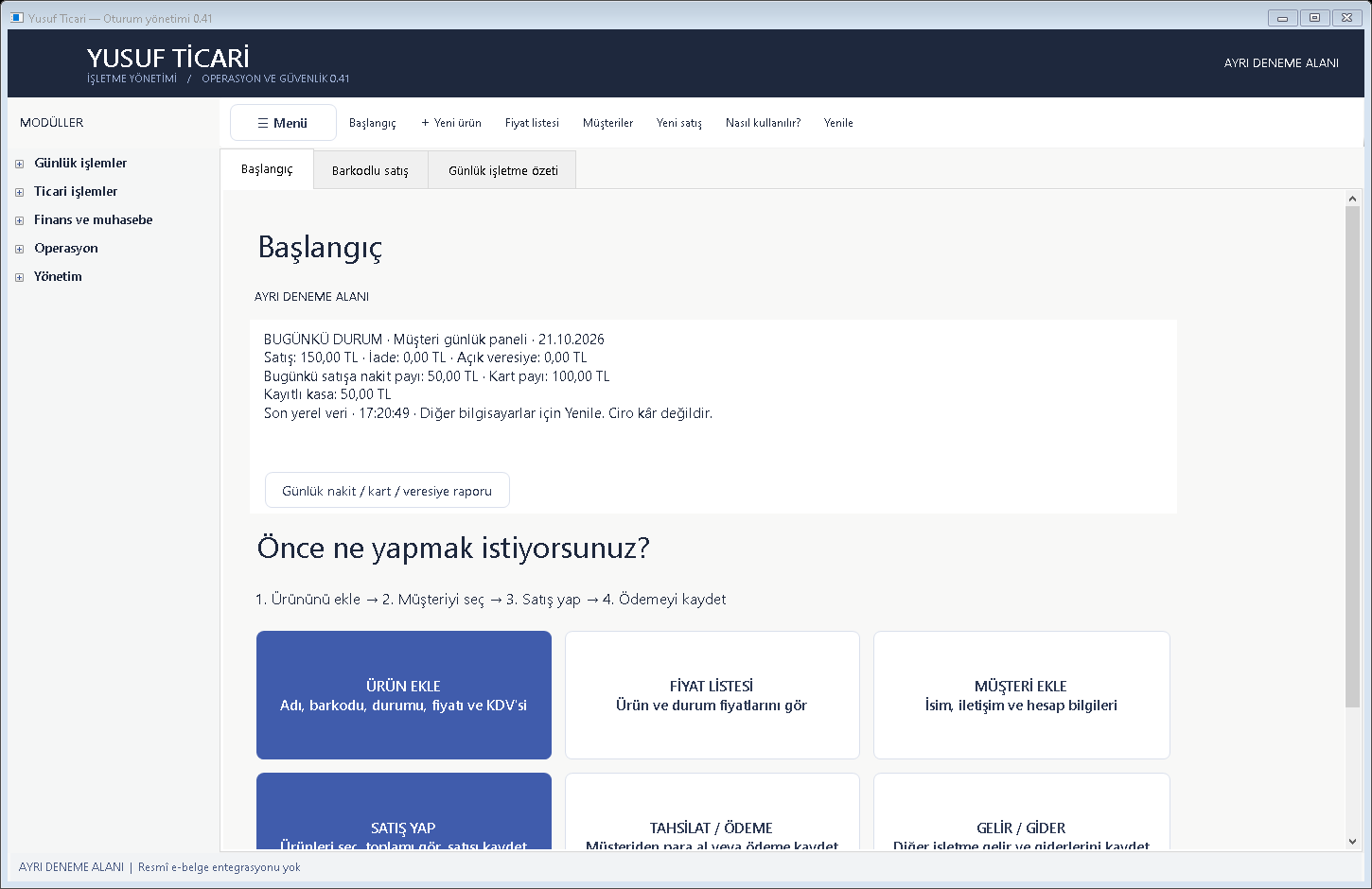 Yusuf Ticari 0.41 günlük satış, kart ve kasa özeti — gerçek programın örnek verili test ekranı